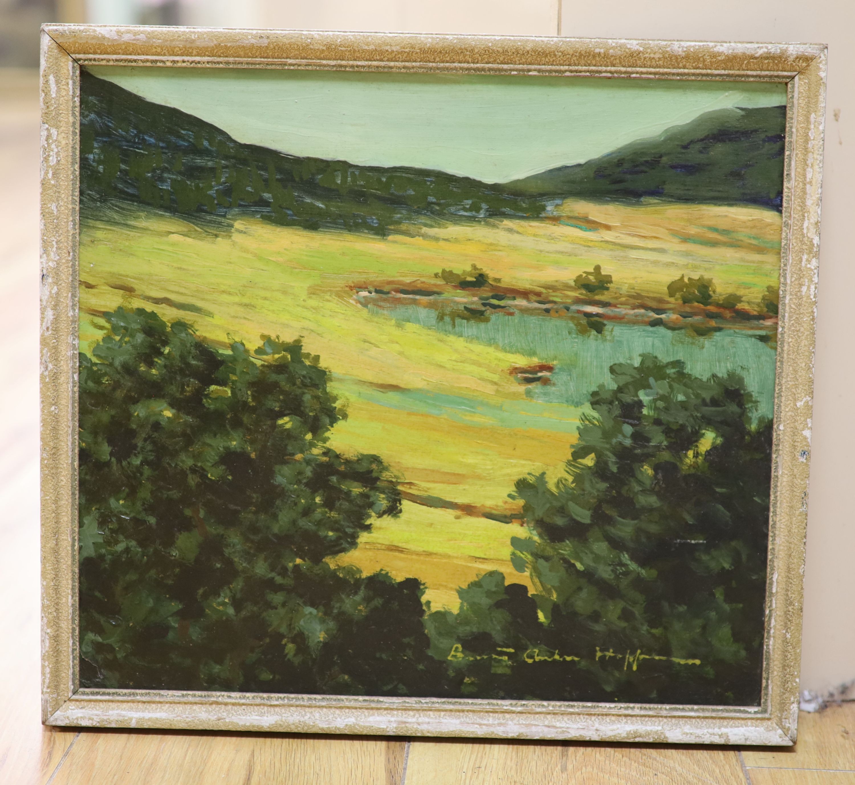B. Anton Hoffmann, oil on card, Landscape with lake and trees, signed, 30 x 33cm.